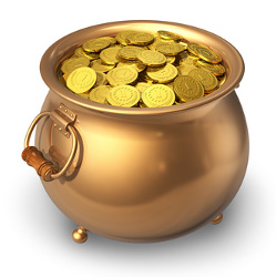Pot full of gold coins isolated on white background